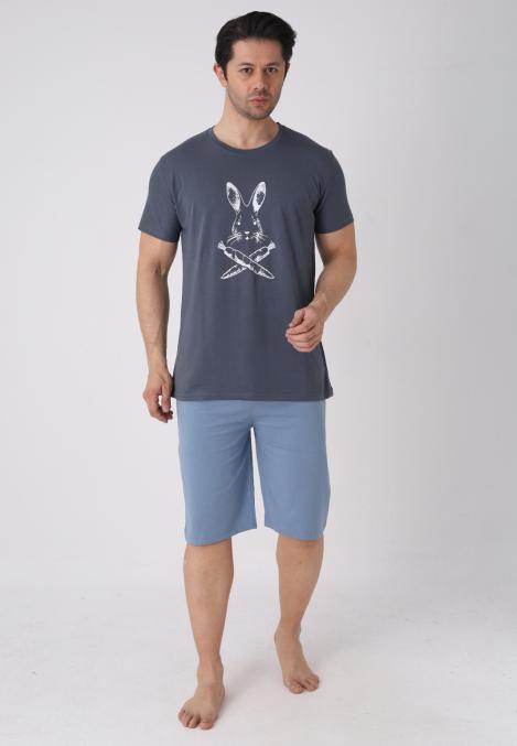 Pijama barbat cu maneca scurta si pantaloni 3/4, culoare gri inchis, Engros